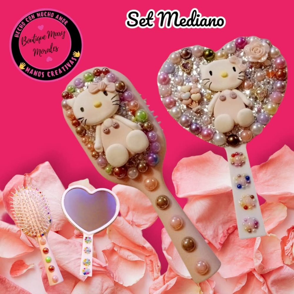 Cute Pink Hello Kitty Hairbrush Set And Mirror